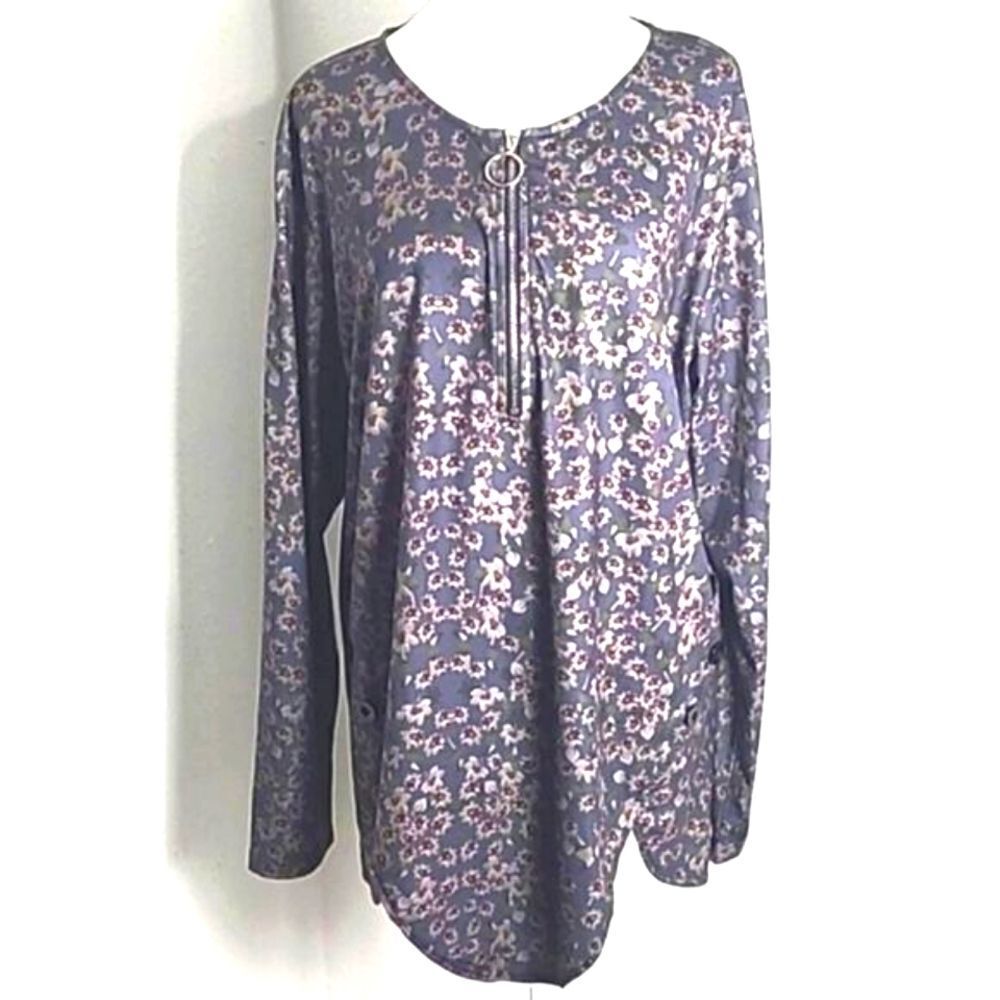 Gray Tunic Top with Maroon Flowers, Big Zipper at Neckline,  Size XXL